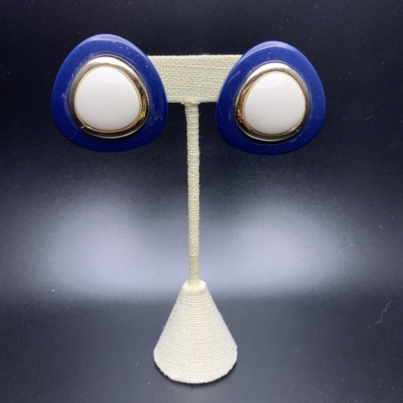 Chunky Bold Earrings Navy Blue White Gold Tone 80s 90s Big Large Runway Vintage - Picture 2 of 6